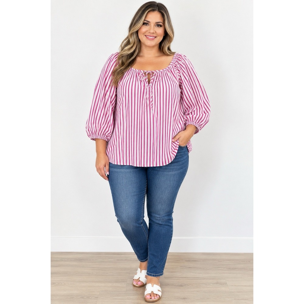 Karen Kane Blouse Womens 2X Pink White Stripe Tie Neck 3/4 Sleeve Stretch Plus